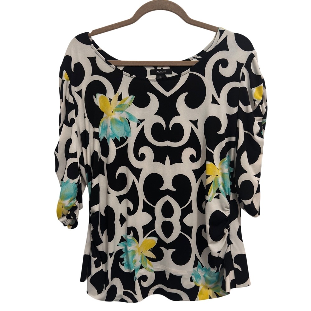 Alfani Blouse Womens XL Black White Scroll Floral Print Ruched Sleeve Stretch